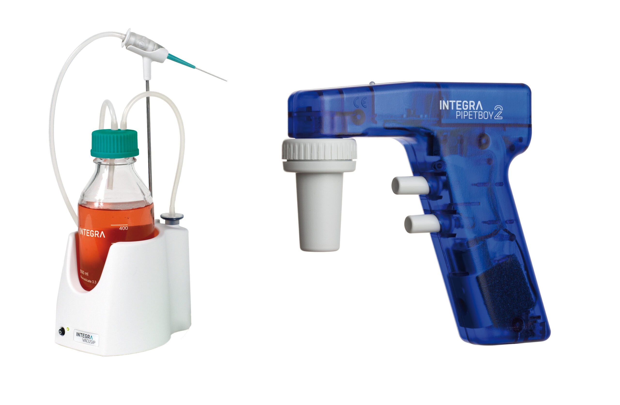 The VACUSIP allows precise removal of small volumes of liquid waste, and the PIPETBOY enables fast and comfortable pipetting