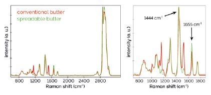 Fig. 2 (c) Raman spectra of the fatty phases (red: normal butter, green: spreadable butter) with zoom-in