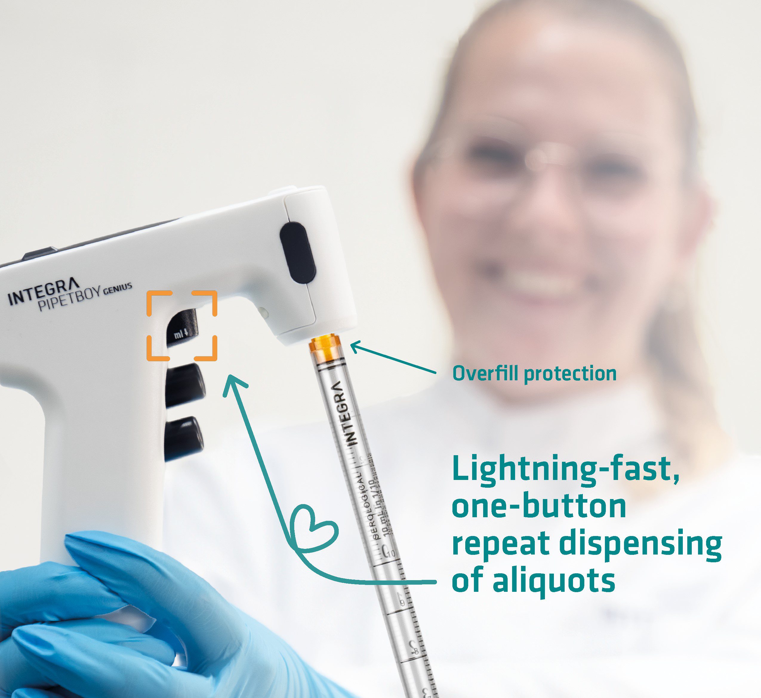 The PIPETBOY GENIUS serological pipet controller with repeat dispense capability from INTEGRA Biosciences