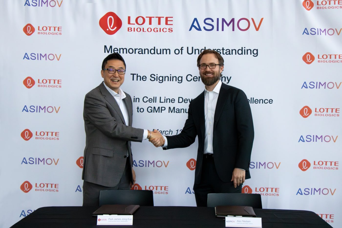 Lotte Biologics CEO James Park and Asimov co-founder and CEO Alec Nielsen